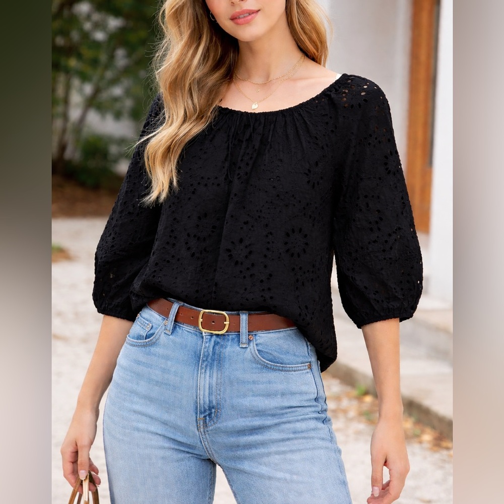 Zara Black Eyelet Blouse Size S Oversized Puff Sleeve Boho Top